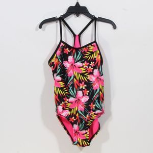 Hurley Girls Black Multicolor Floral 50+ SPF Racerback 1 Piece Swimsuit